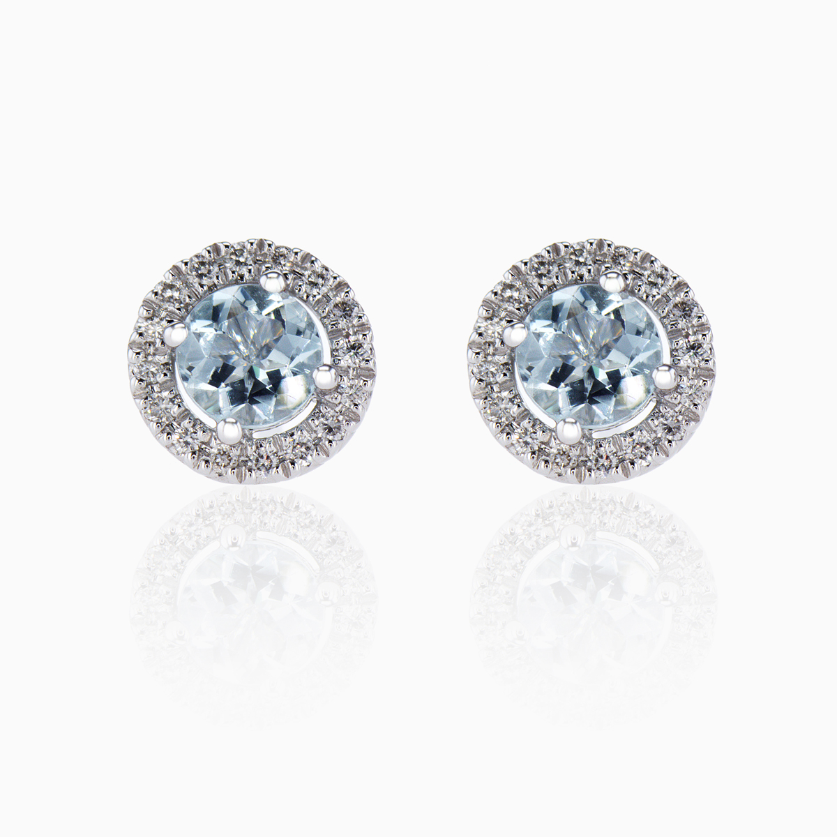 Aquamarine and Diamond Halo Stud Earrings, 14k White Gold
