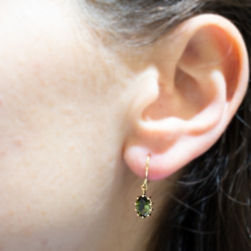 Natural Chrome Green Tourmaline Dangle Earrings, 14k Yellow Gold