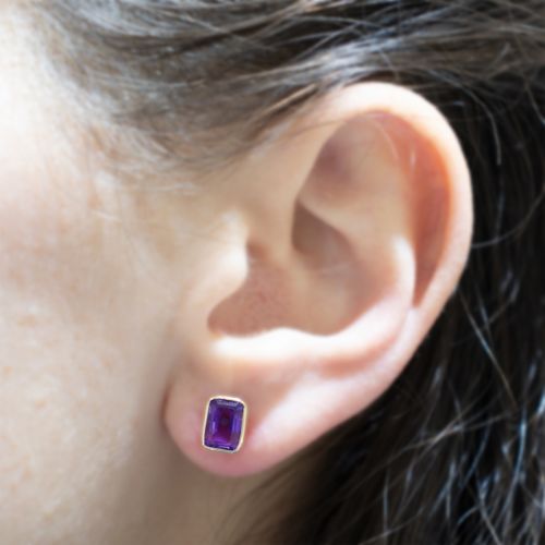 Natural Amethyst Stud Earrings, 14k Yellow Gold