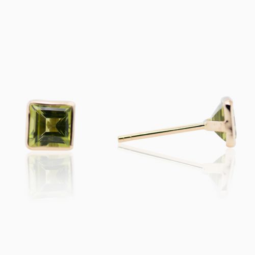 Step-cut Natural Peridot Stud Earrings, 14k Yellow Gold