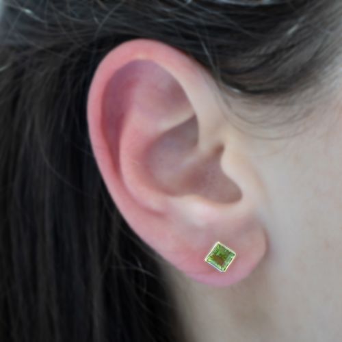 Step-cut Natural Peridot Stud Earrings, 14k Yellow Gold