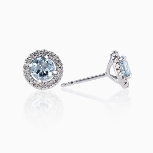 Aquamarine and Diamond Halo Stud Earrings, 14k White Gold