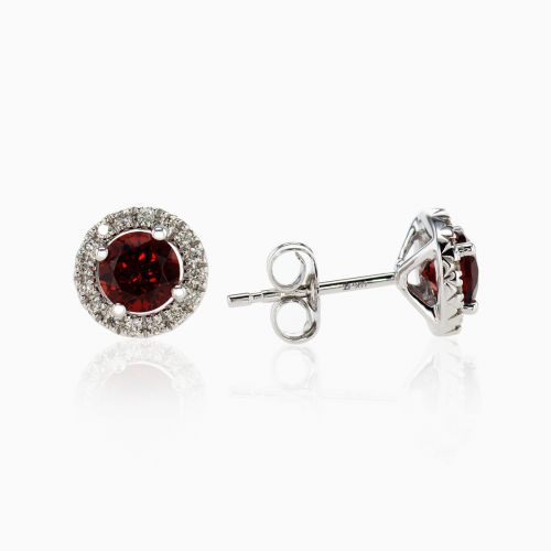 Garnet and Diamond Halo Stud Earrings, 14k White Gold