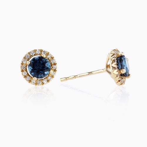 London Blue Topaz and Diamond Halo Stud Earrings, 14k Yellow Gold