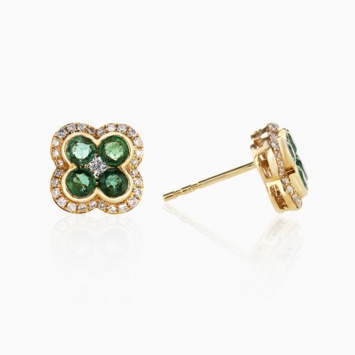 Natural Emerald and Diamond Floral Stud Earrings, 14k Yellow Gold