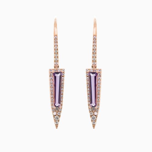 Baguette-cut Natural Amethyst & Dangle Earrings, 14k Rose Gold