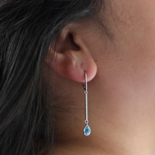 Natural Blue Topaz and Diamond Drop Earrings, 14k White Gold
