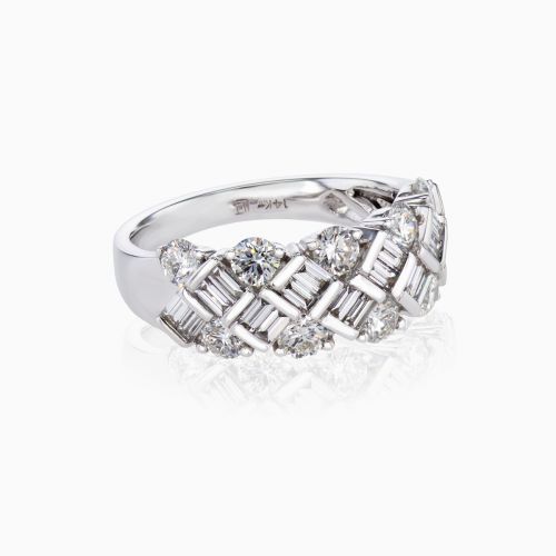 Round and Baguette Diamond Mosaic Band, 14k White Gold