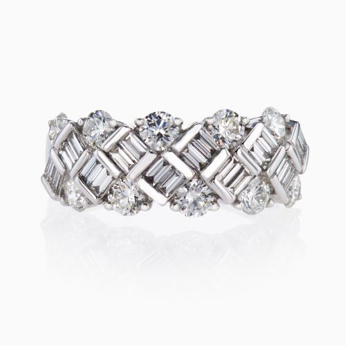 Round and Baguette Diamond Mosaic Band, 14k White Gold