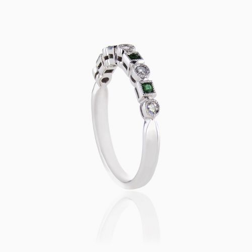 Natural Emerald and Diamond Stackable Band, 14k White Gold