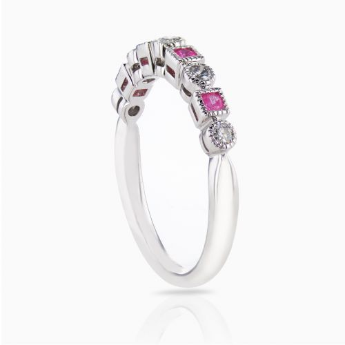 Diamond & Natural Padparadscha Sapphire Stackable Band, 14k White Gold