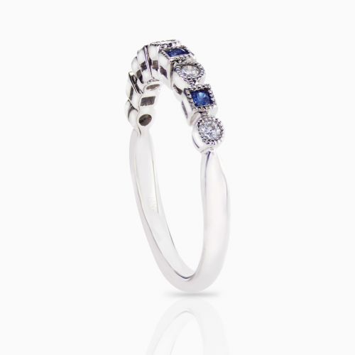 Diamond and Natural Blue Sapphire Stackable Band, 14k White Gold