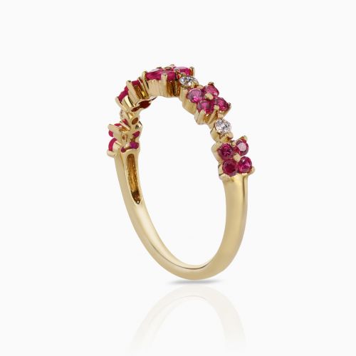 Natural Ruby and Diamond Floral Fashion Band, 14k Yellow Gold