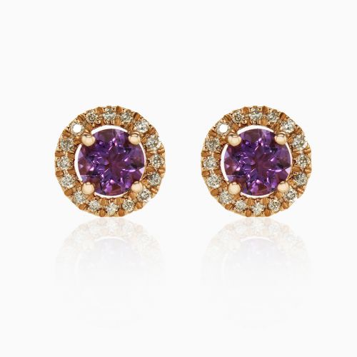 Amethyst and Diamond Halo Stud Earrings, 14k Rose Gold