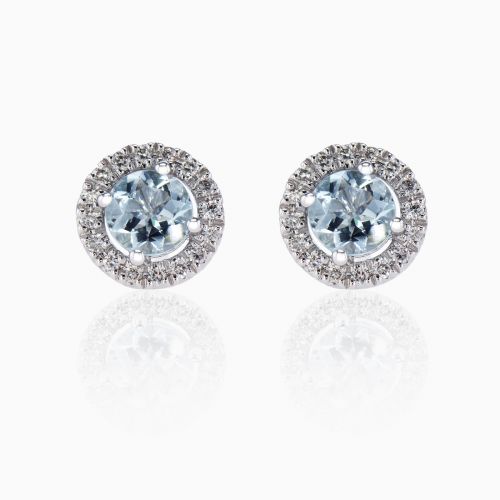 Aquamarine and Diamond Halo Stud Earrings, 14k White Gold