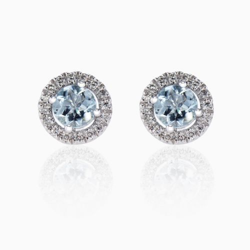 Aquamarine and Diamond Halo Stud Earrings, 14k White Gold