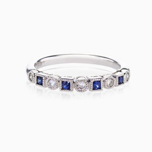 Diamond and Natural Blue Sapphire Stackable Band, 14k White Gold