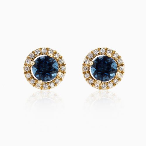 London Blue Topaz and Diamond Halo Stud Earrings, 14k Yellow Gold