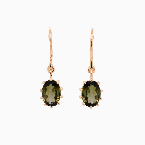 Natural Chrome Green Tourmaline Dangle Earrings, 14k Yellow Gold