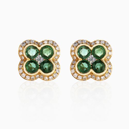 Natural Emerald and Diamond Floral Stud Earrings, 14k Yellow Gold