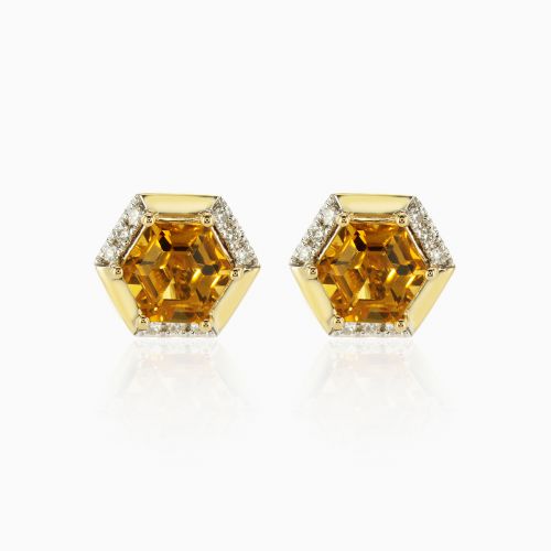 Natural Hexagon Citrine & Diamond Stud Earrings, 14k Gold