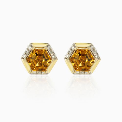 Natural Hexagon Citrine & Diamond Stud Earrings, 14k Gold