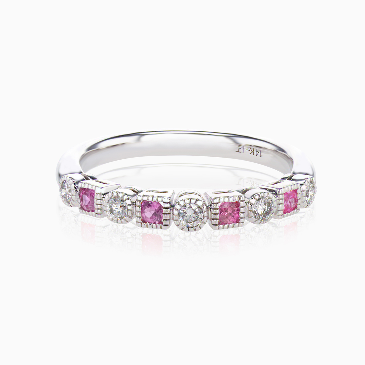 Diamond & Natural Padparadscha Sapphire Stackable Band, 14k White Gold