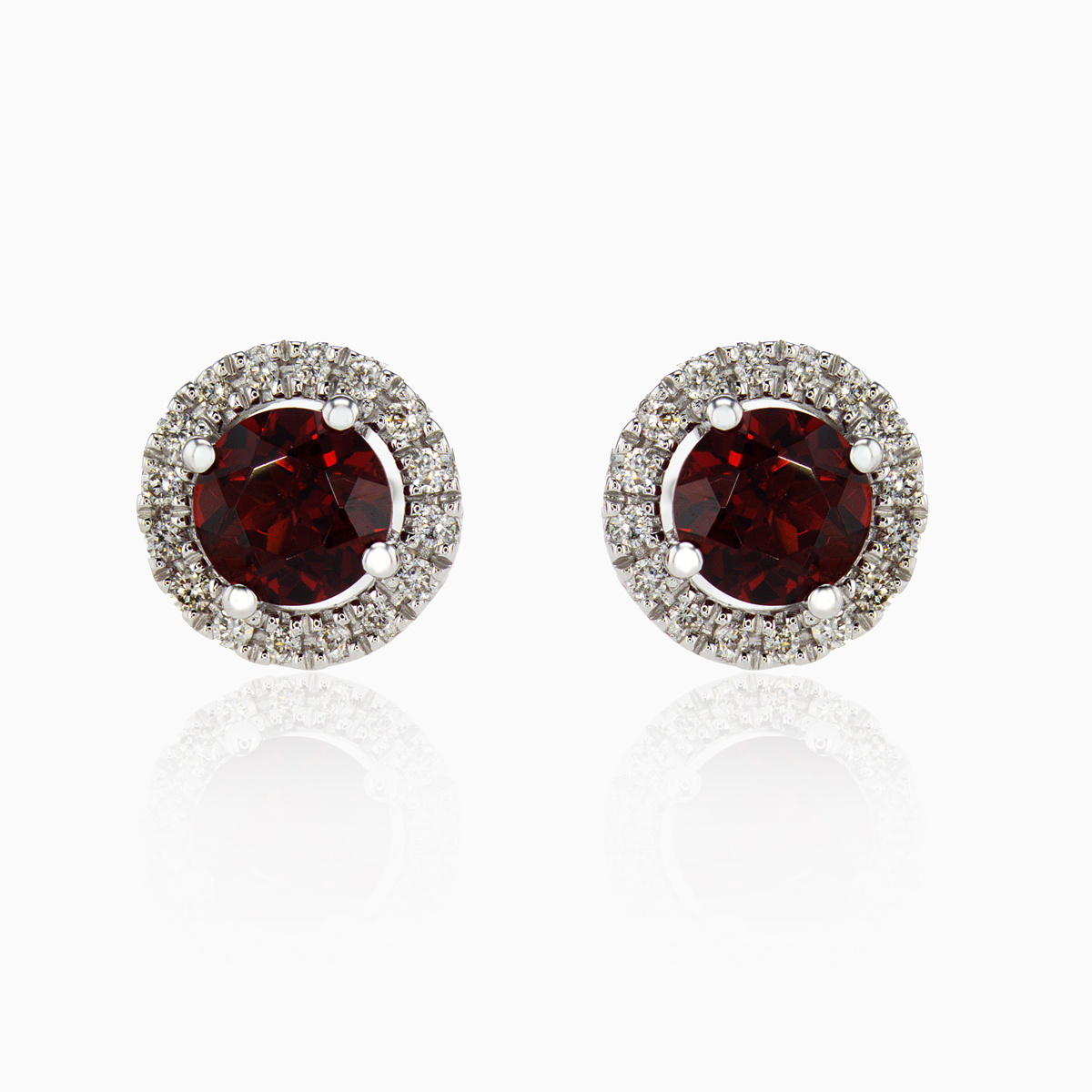 Garnet and Diamond Halo Stud Earrings, 14k White Gold