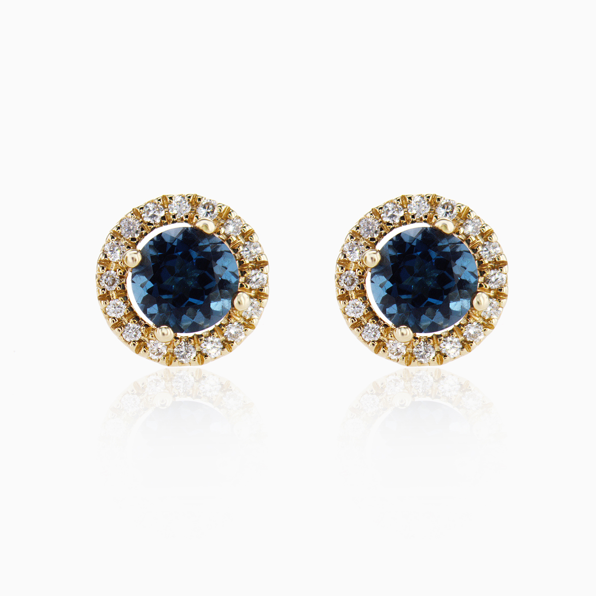 London Blue Topaz and Diamond Halo Stud Earrings, 14k Yellow Gold