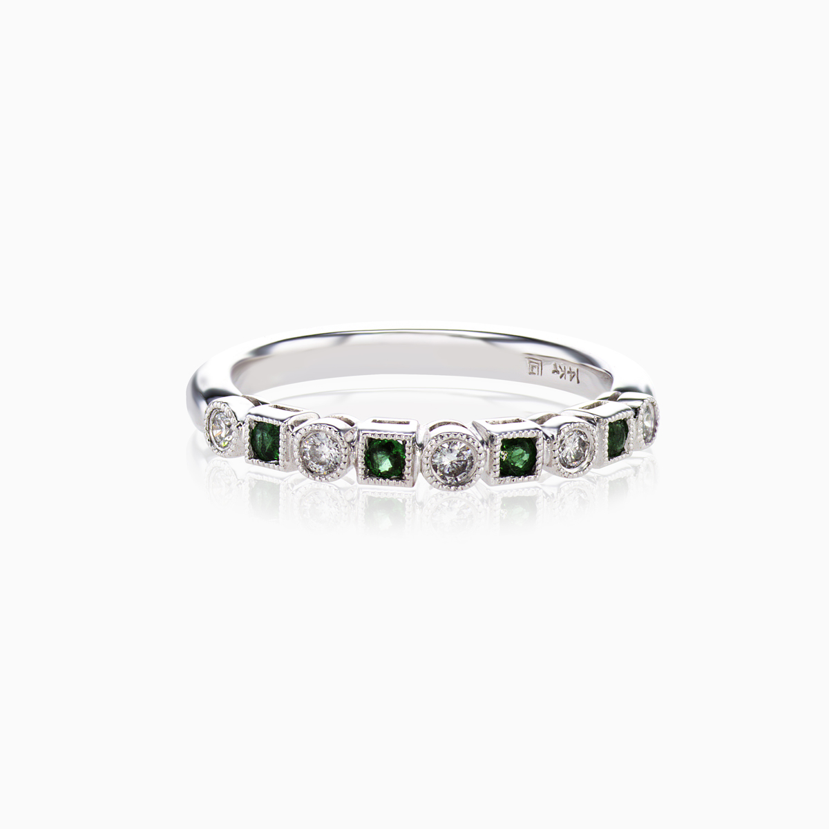 Natural Emerald and Diamond Stackable Band, 14k White Gold