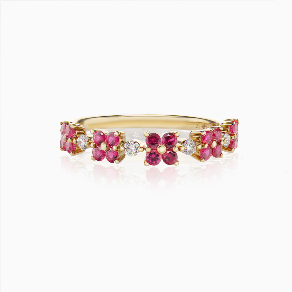 Natural Ruby and Diamond Floral Fashion Band, 14k Yellow Gold