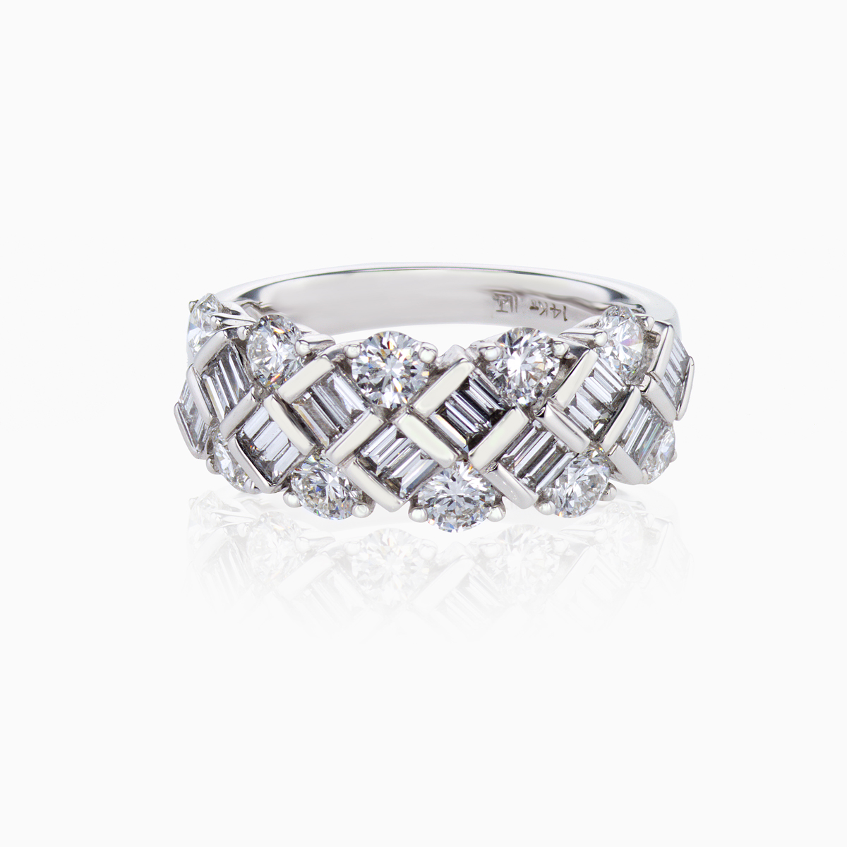 Round and Baguette Diamond Mosaic Band, 14k White Gold