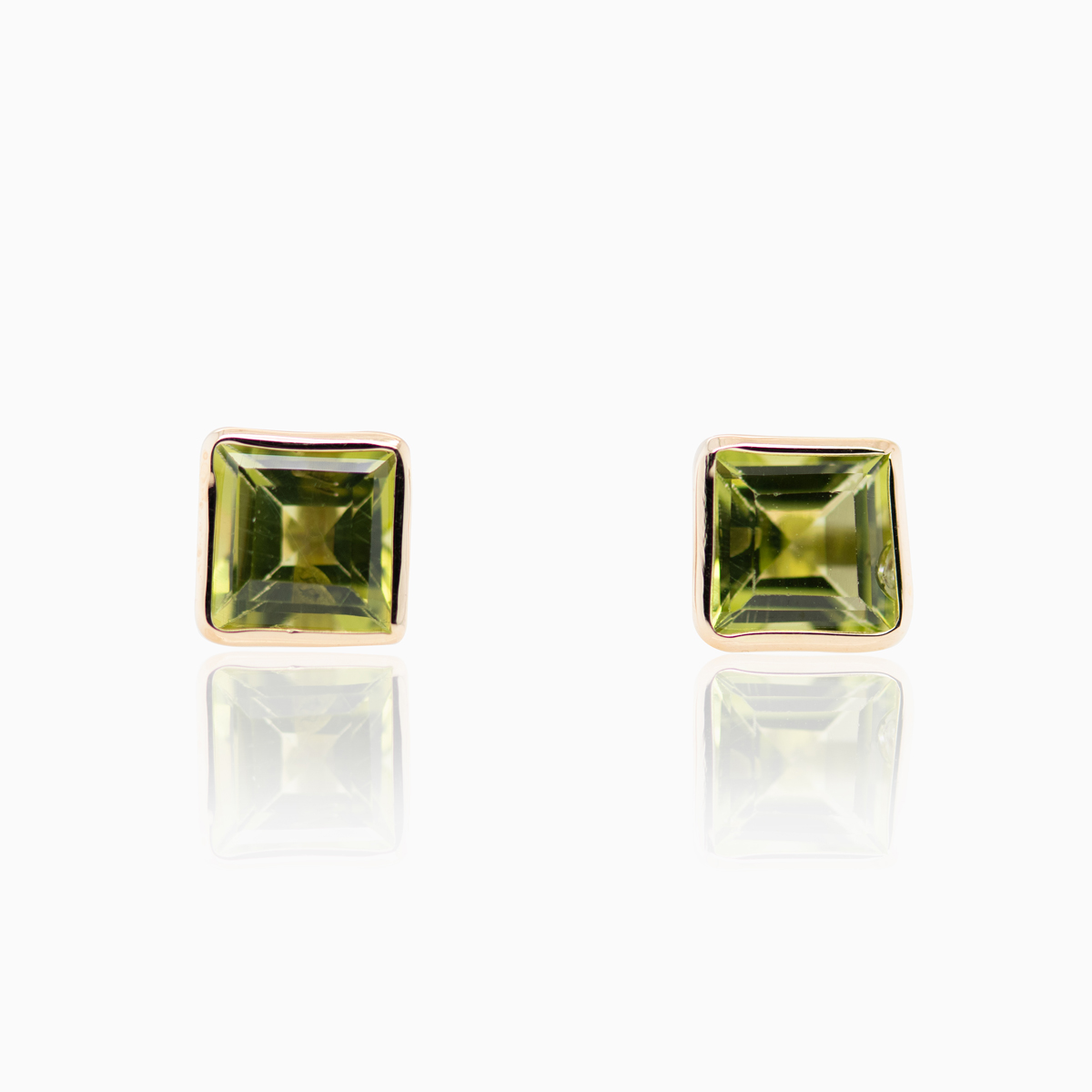 Step-cut Natural Peridot Stud Earrings, 14k Yellow Gold