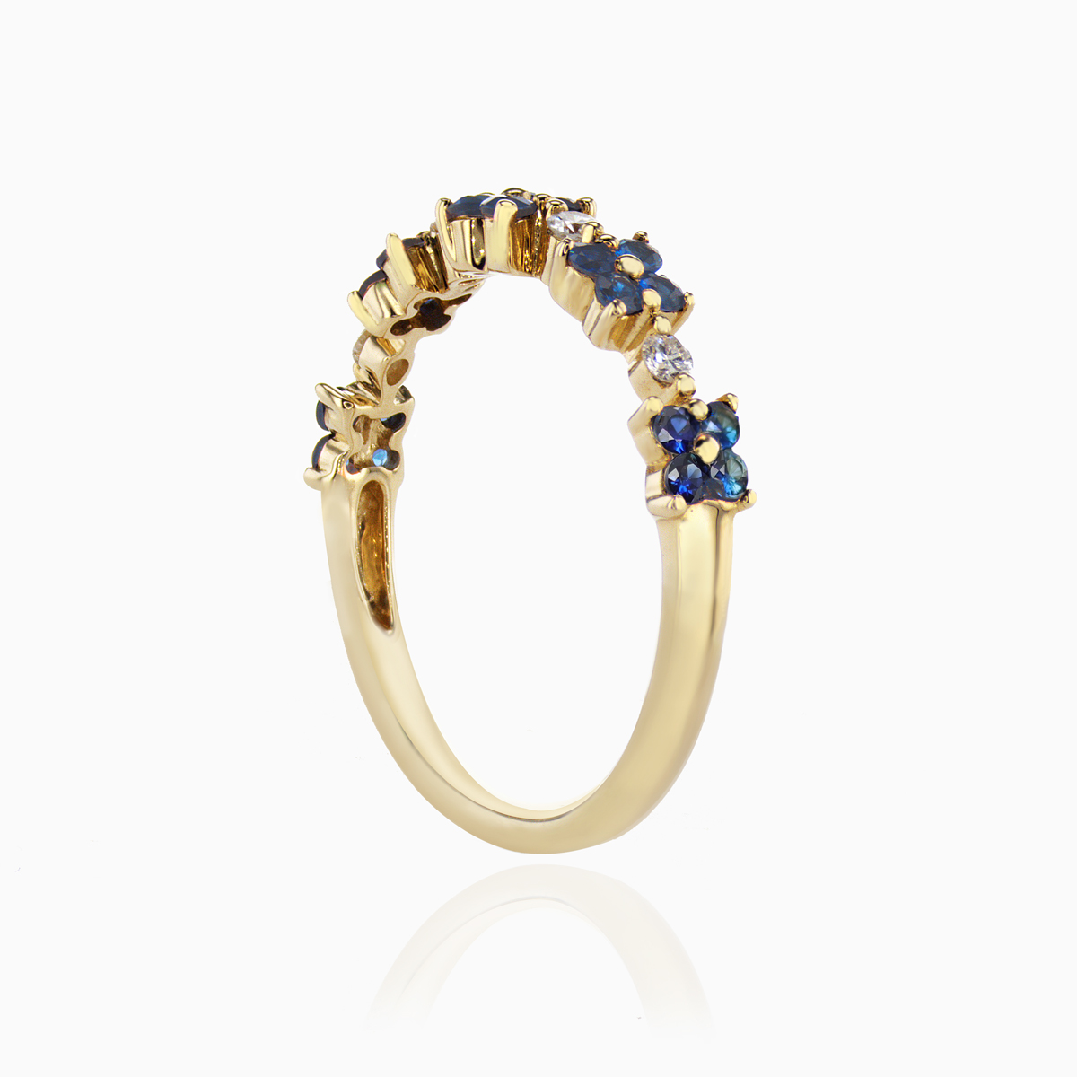 Natural Blue Sapphire and Diamond Floral Fashion Band, 14k Yellow Gold