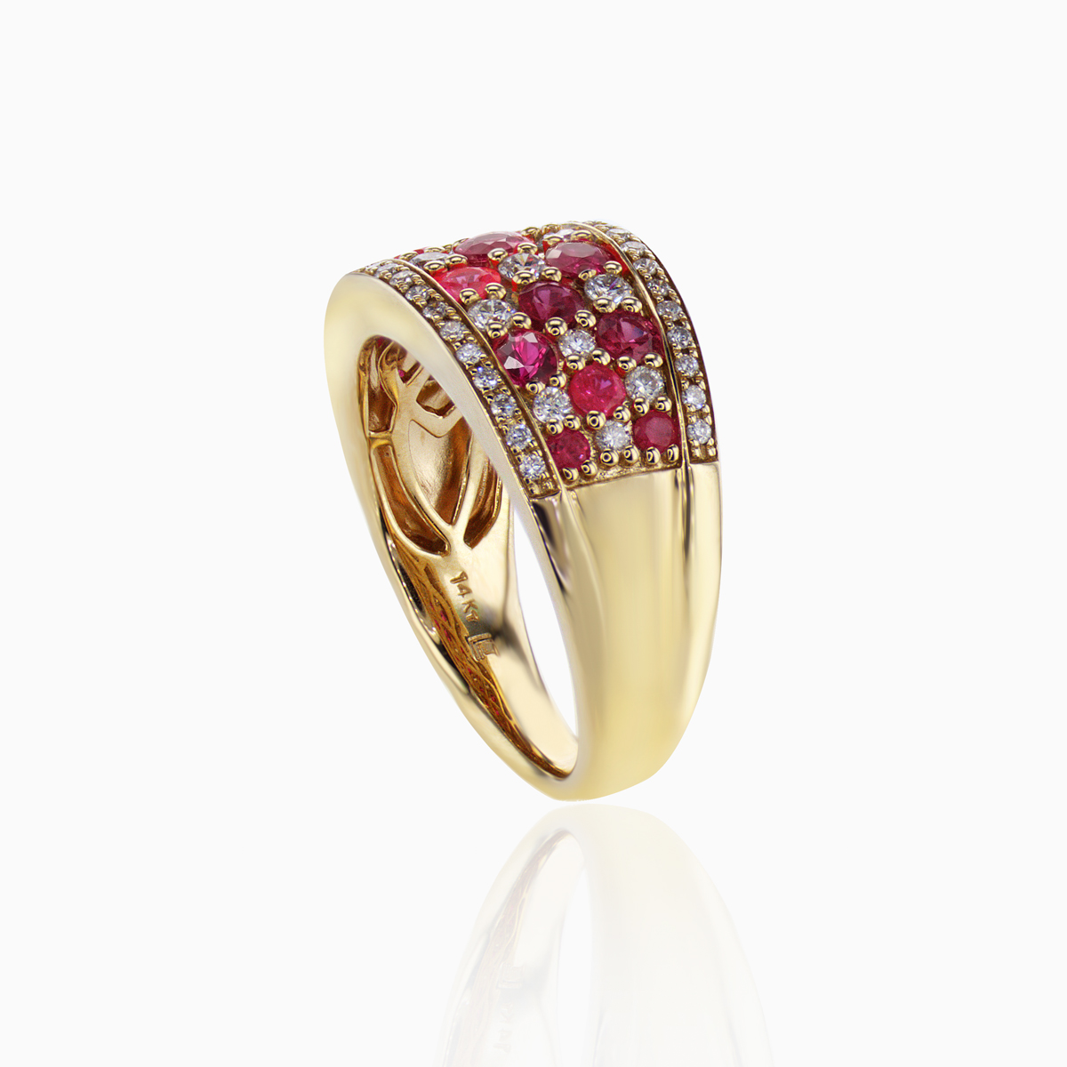 Multi-Row Natural Ruby and Diamond Fashion Band, 14k Yellow Gold