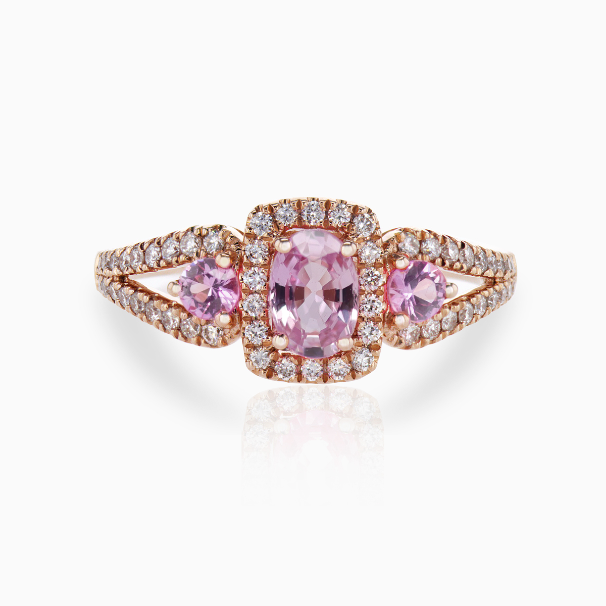 Natural Pink Sapphire and Diamond Halo Three Stone Ring, 14k Rose Gold