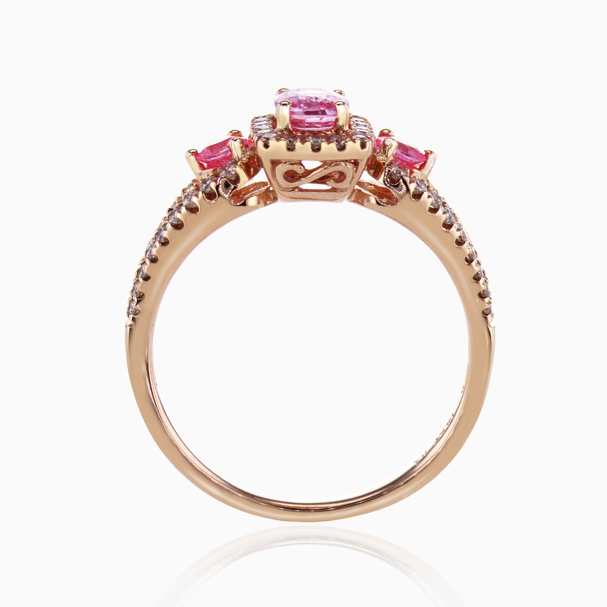 Natural Pink Sapphire and Diamond Halo Three Stone Ring, 14k Rose Gold