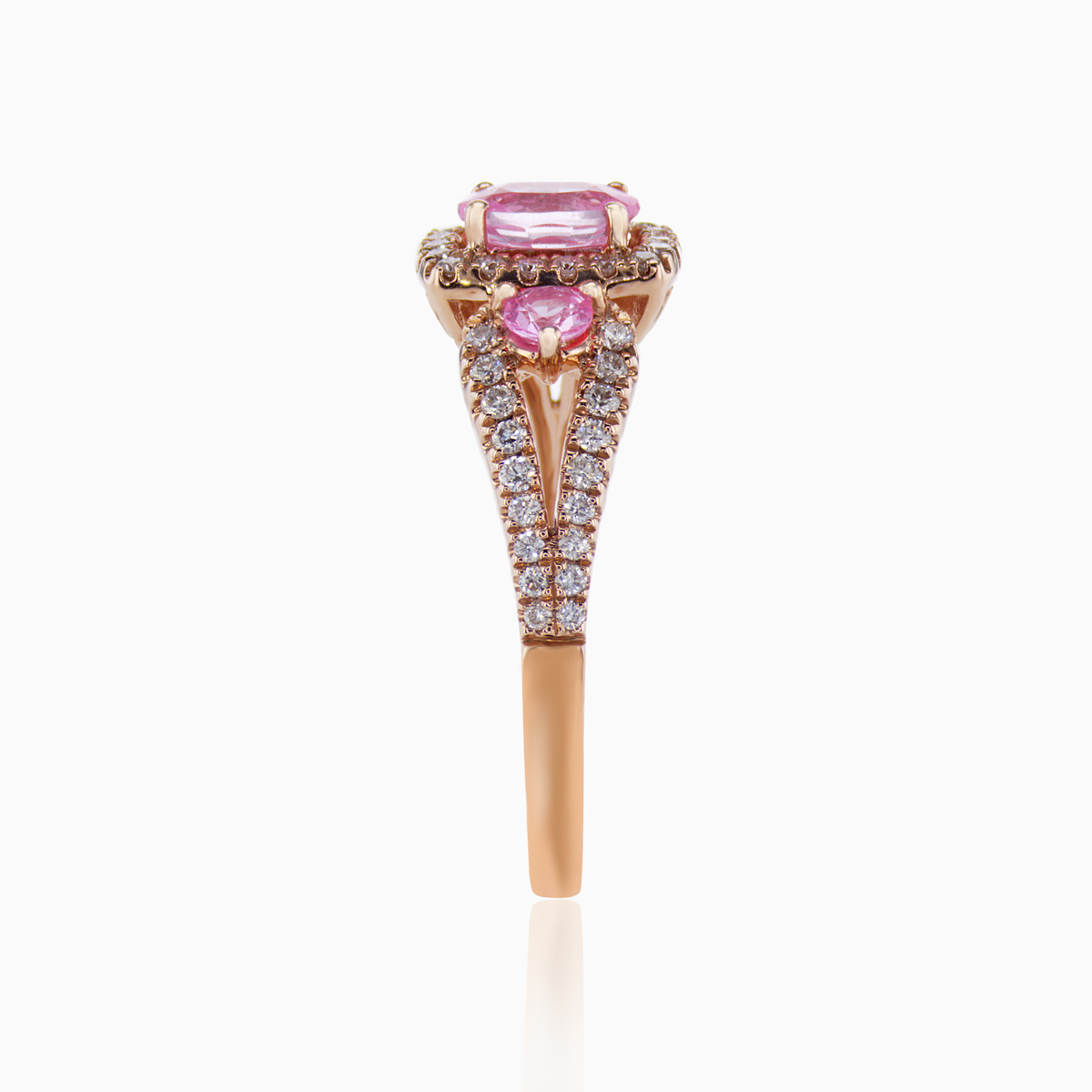 Natural Pink Sapphire and Diamond Halo Three Stone Ring, 14k Rose Gold