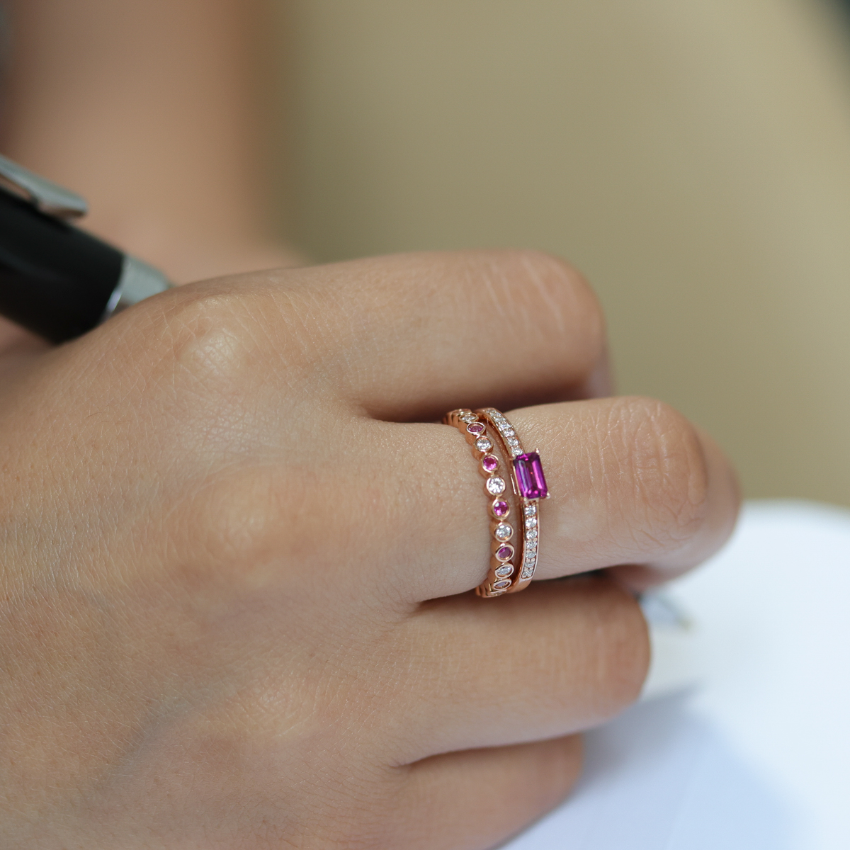 Natural Diamond and Pink Sapphire Stackable Band, 14k Rose Gold