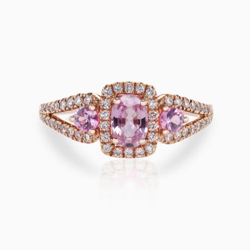 Natural Pink Sapphire and Diamond Halo Three Stone Ring, 14k Rose Gold