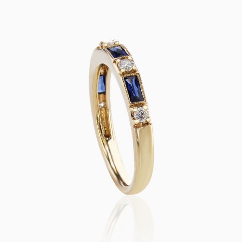 Natural Blue Sapphire and Diamond Stackable Band, 14k Yellow Gold