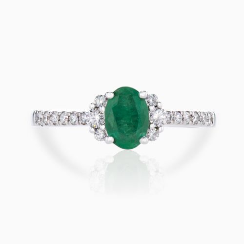 Natural Emerald and Diamonds Fashion Ring, 14k White Gold