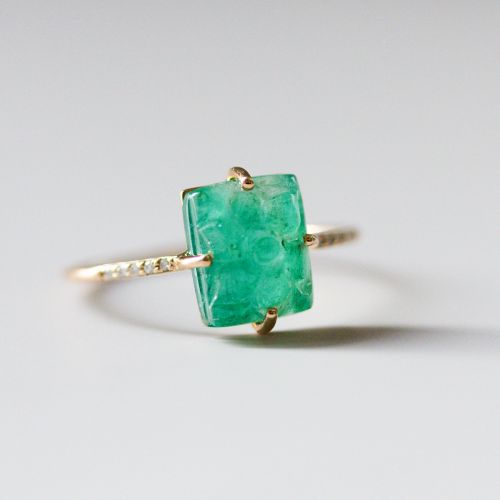 Carved Natural Emerald Fashion Ring with Diamond, 14k Yellow Gold