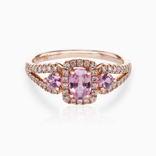 Natural Pink Sapphire and Diamond Halo Three Stone Ring, 14k Rose Gold