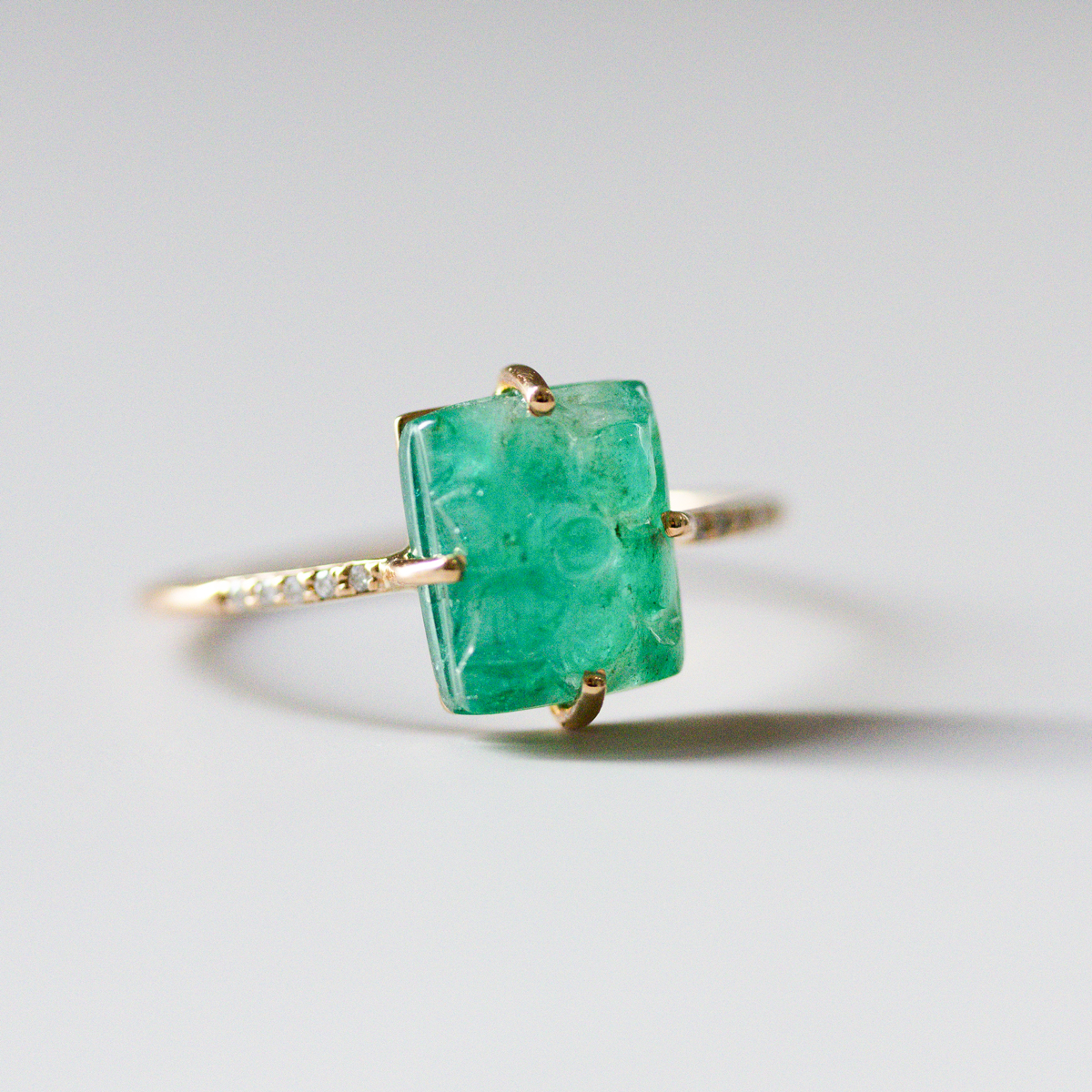 Carved Natural Emerald Fashion Ring with Diamond, 14k Yellow Gold