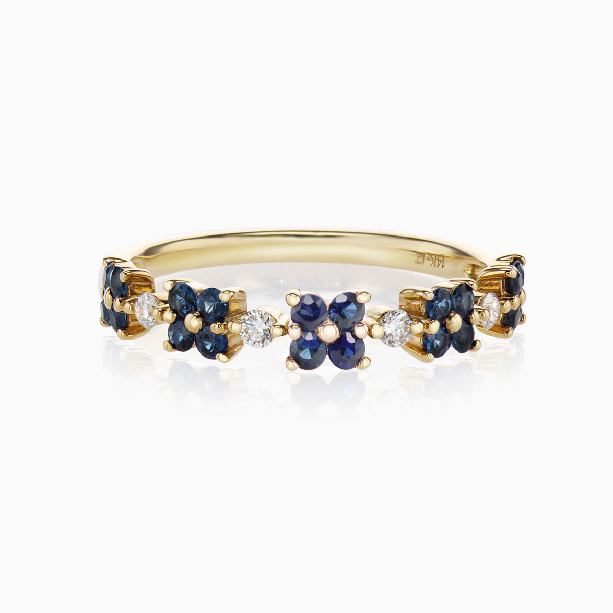 Natural Blue Sapphire and Diamond Floral Fashion Band, 14k Yellow Gold