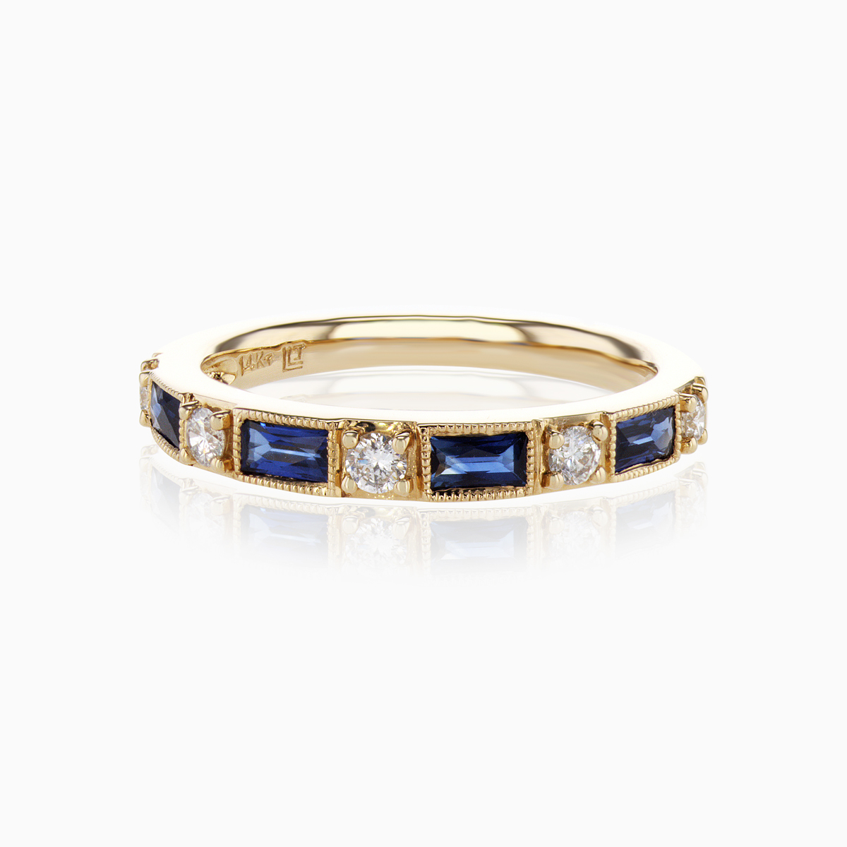 Natural Blue Sapphire and Diamond Stackable Band, 14k Yellow Gold