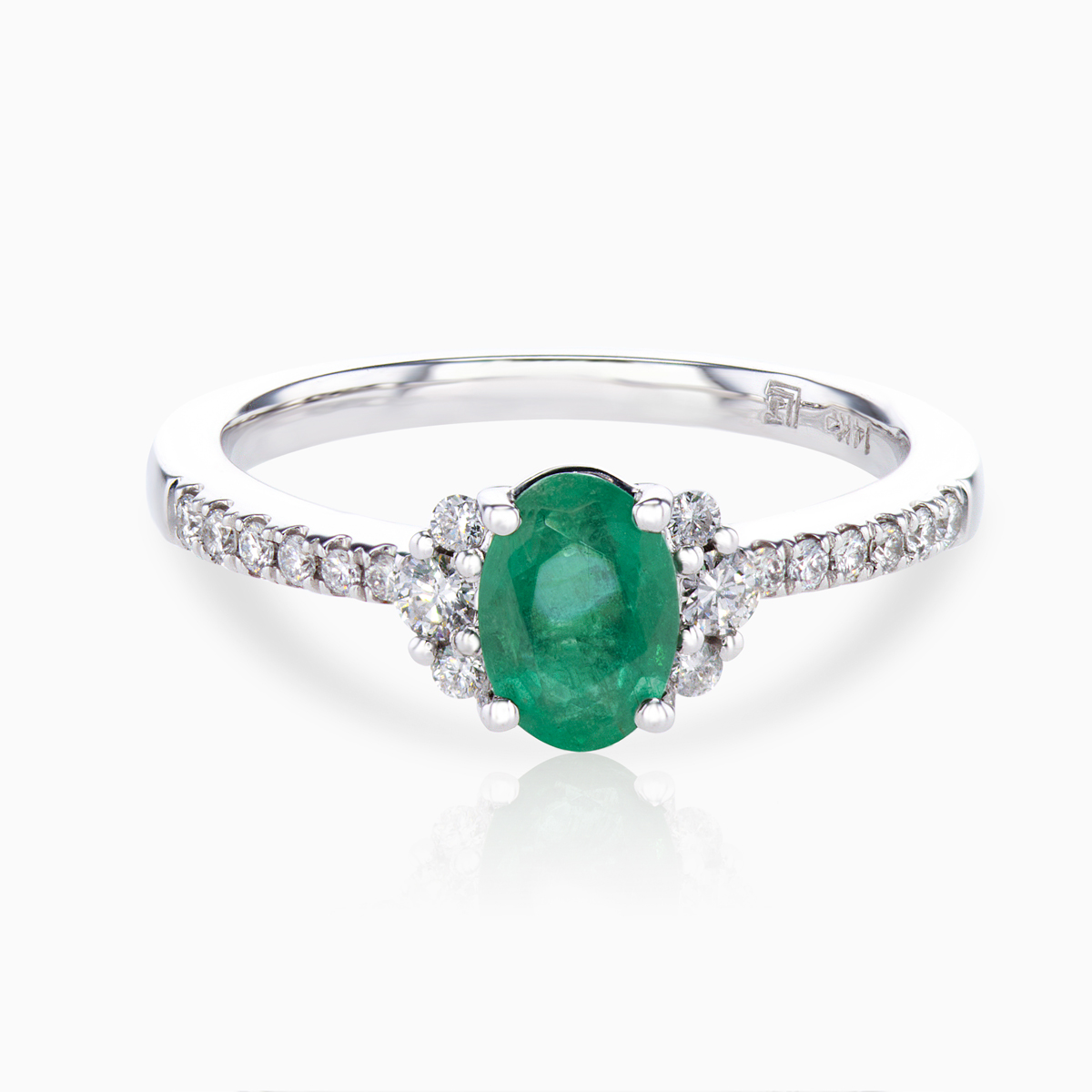 Natural Emerald and Diamonds Fashion Ring, 14k White Gold