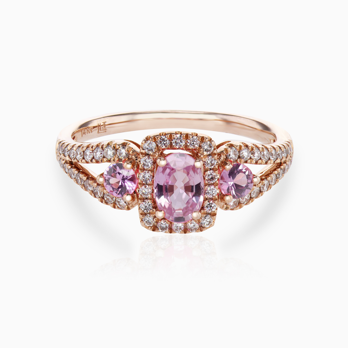 Natural Pink Sapphire and Diamond Halo Three Stone Ring, 14k Rose Gold