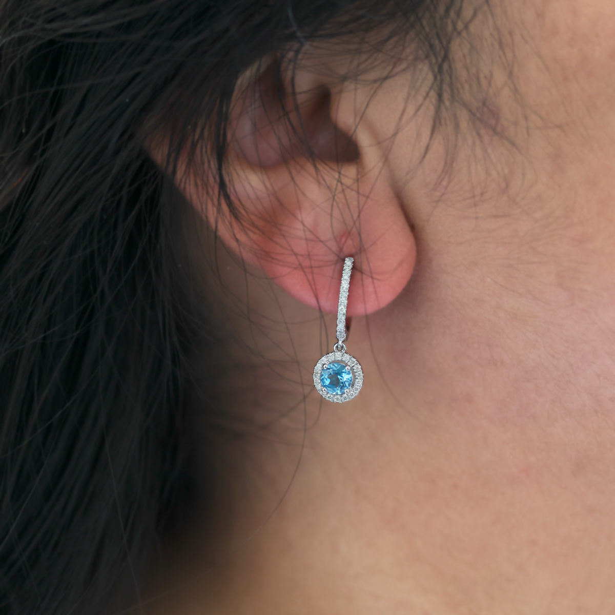Natural London Blue Topaz and Diamond Dangle Earrings, 14k White Gold